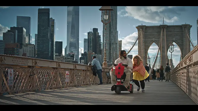 Film still, crossing a bridge in NYC